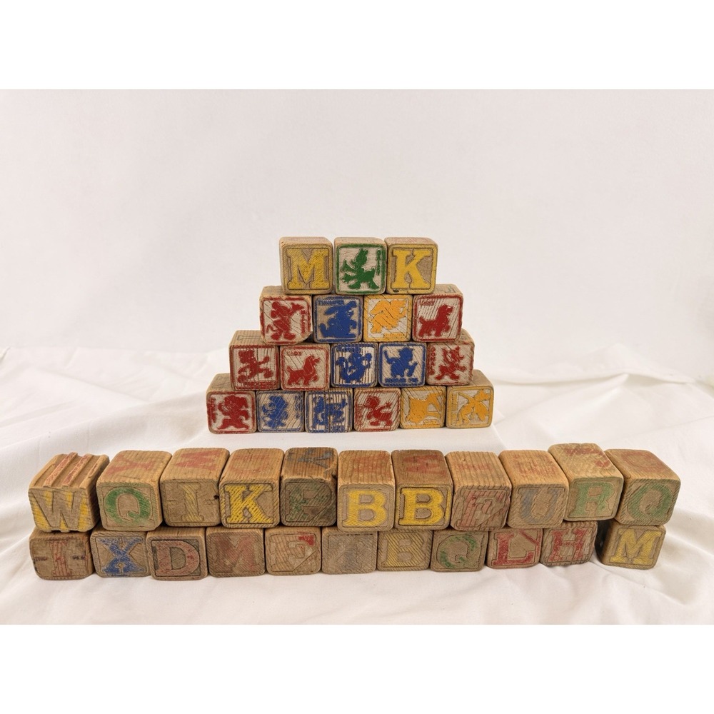 Vintage Wooden Alphabet Blocks ABC Picture Toy Set 44 Nursery Rhyme Animals